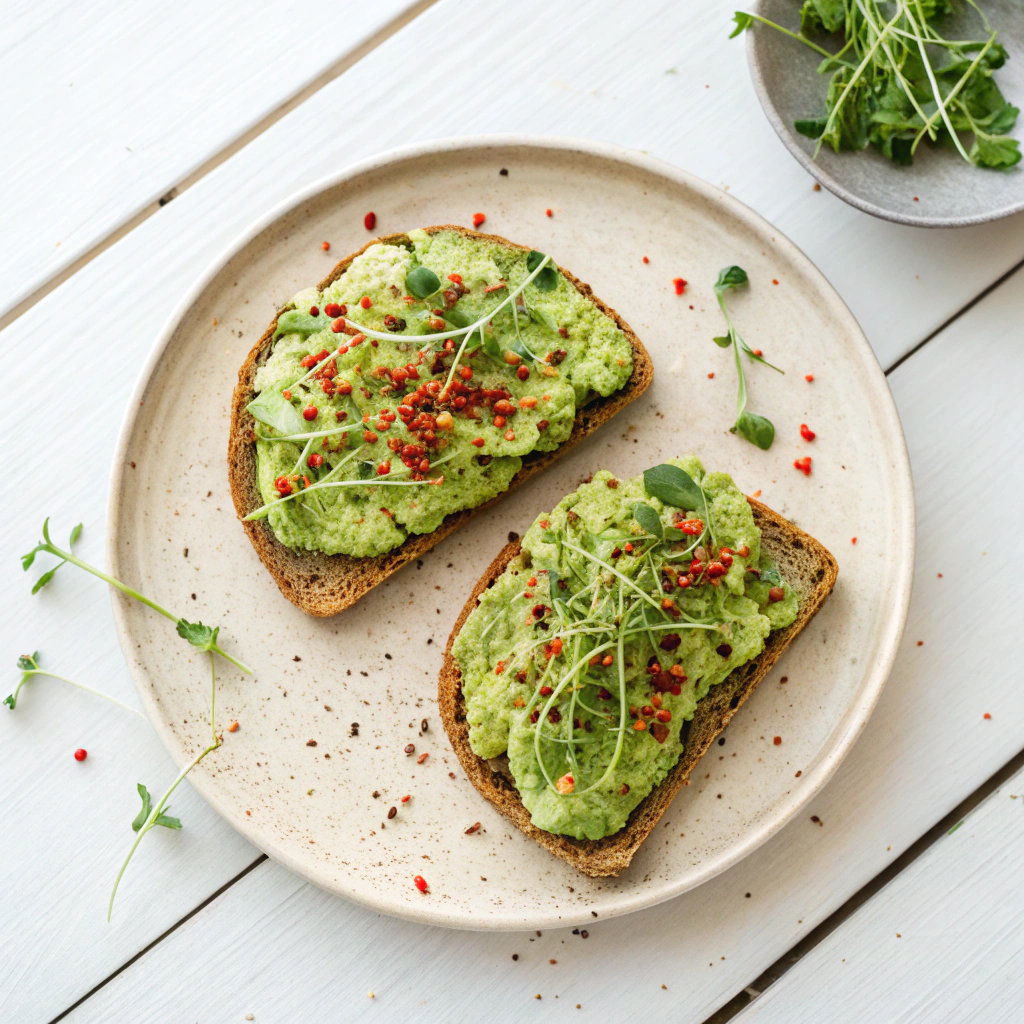 Top-down view of two slices of avocado toast on a pale wooden surface, topped with red pepper flakes and scattered microgreens, photographed in soft natural light with a clean, minimalist aesthetic.