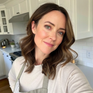Portrait of Hannah, a woman in her late 30s with shoulder-length wavy brown hair, smiling warmly in a modern, minimal American kitchen. She wears a light sweater and apron, standing confidently with a calm, friendly expression.